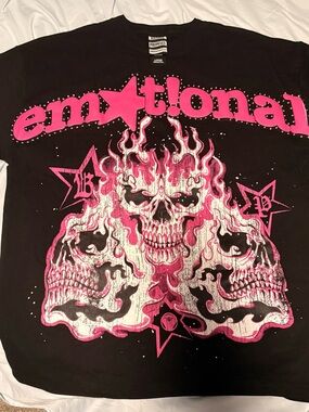 Broken Promise Black Tee with Pink & White Flame Skull Graphic